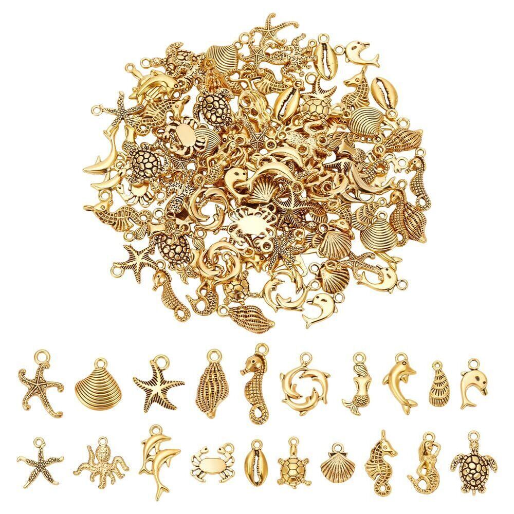 7566 100Pcs 20 Styles Assorted Ocean Charms Set Antique Golden Ocean Life